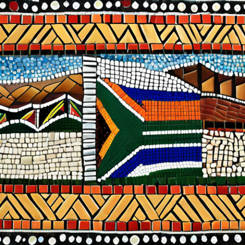 ** A vibrant mosaic representing the diverse languages of South Africa, focusing on Xhosa (with its click sounds), Zulu (powerful and melodic), and Afrikaans (a bridge between cultures).  The mosaic should incorporate elements reflecting the cultural heritage of each language.

**