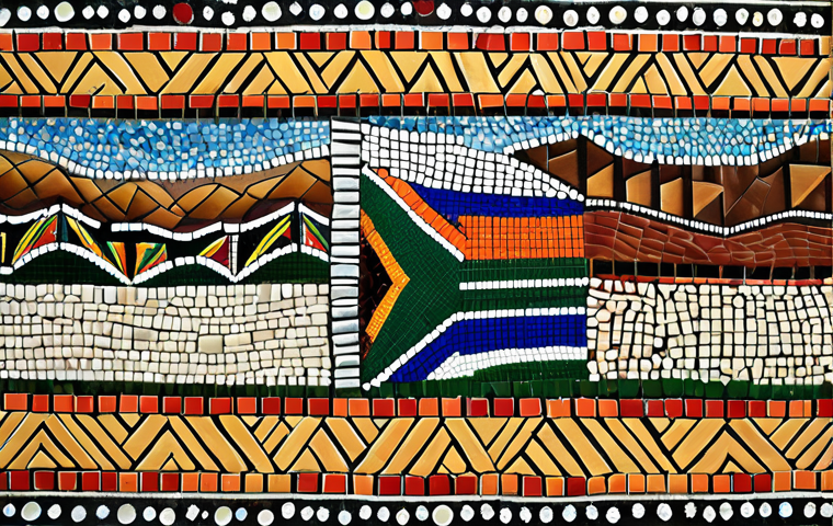 ** A vibrant mosaic representing the diverse languages of South Africa, focusing on Xhosa (with its click sounds), Zulu (powerful and melodic), and Afrikaans (a bridge between cultures). The mosaic should incorporate elements reflecting the cultural heritage of each language.
**