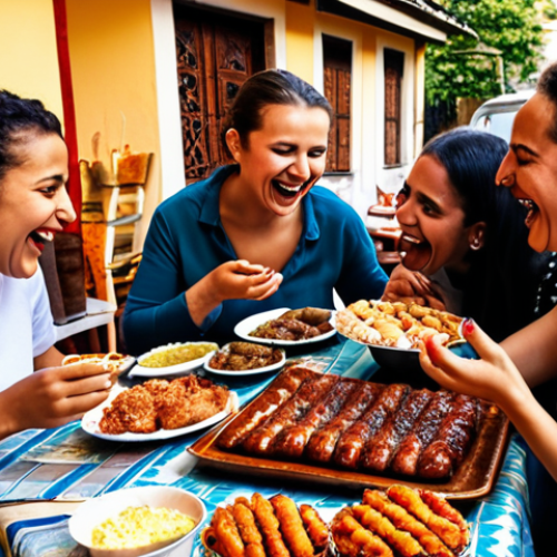 **

"A vibrant braai scene in Istanbul, blending South African and Turkish barbecue traditions. Friends from diverse backgrounds (Turkish, African, European) are laughing and sharing food around a table filled with both koeksisters and baklava. Warm lighting, emphasizing community and cultural exchange. Focus on joy and inclusivity."

**