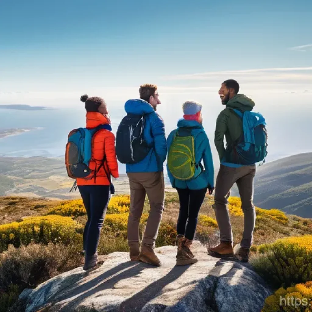 테이블 마운틴 케이블카 이용법 - **Mountain Summit Adventure:**
    A vibrant, realistic photograph of a diverse group of four friend...