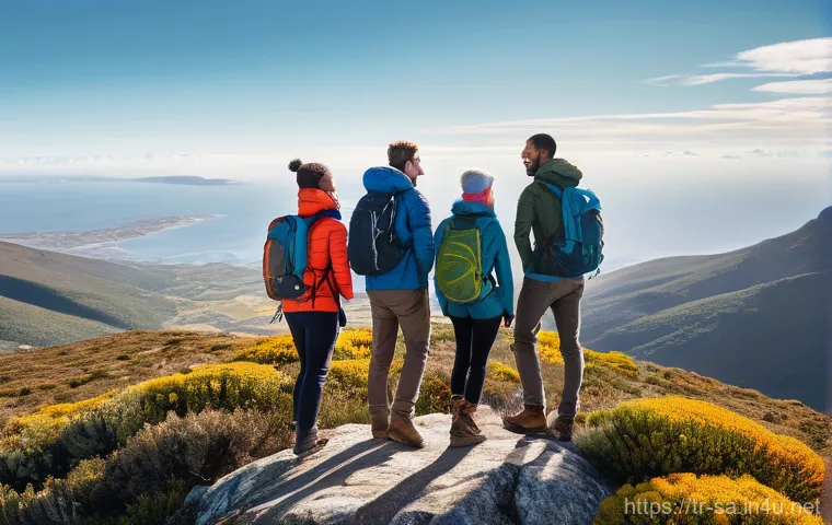 테이블 마운틴 케이블카 이용법 - **Mountain Summit Adventure:**
A vibrant, realistic photograph of a diverse group of four friend...