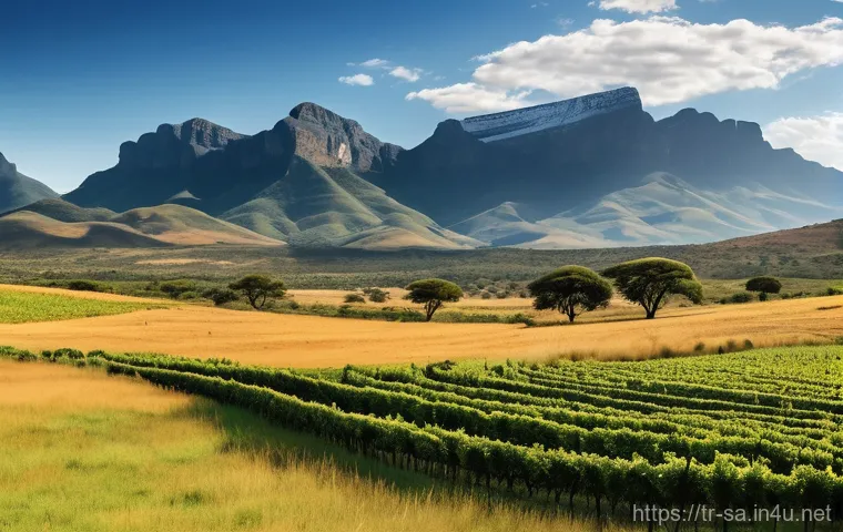 남아프리카 공화국과 호주 기후 비교 - **South African Climate Mosaic: Vineyards, Safari, and Mountains.**
"A stunning panoramic landsc...