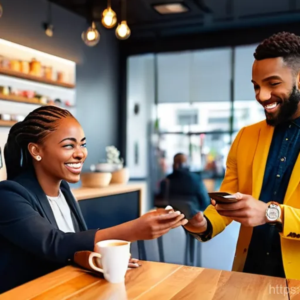 남아프리카 공화국 신용카드 사용 가능 여부 - **Urban Contactless Payment:** A vibrant and modern scene inside a sleek café in a bustling South Af...