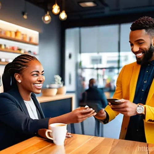 Home 23 남아프리카 공화국 신용카드 사용 가능 여부 - **Urban Contactless Payment:** A vibrant and modern scene inside a sleek café in a bustling South Af...