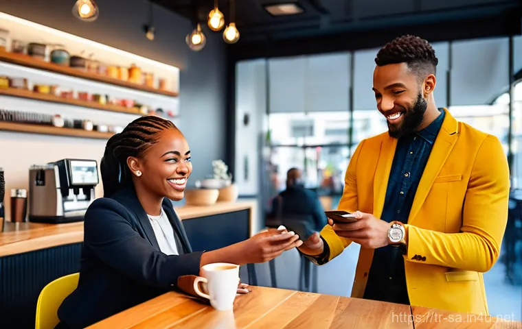 남아프리카 공화국 신용카드 사용 가능 여부 - **Urban Contactless Payment:** A vibrant and modern scene inside a sleek café in a bustling South Af...